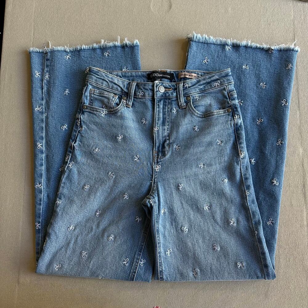 BCBGeneration High Rise Wide Leg Jeans w/ Embroidered Bows
